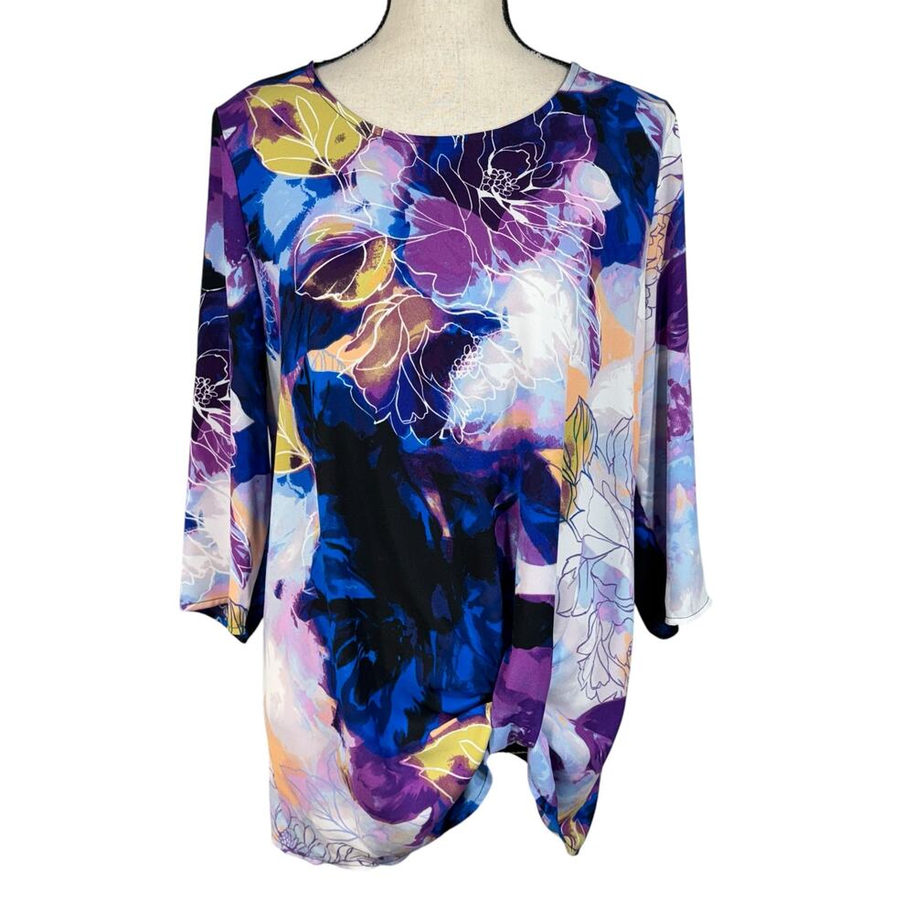 Dana Buchman Large Top Floral 3/4 Sleeve Lightweight Watercolor Stretch Pullover